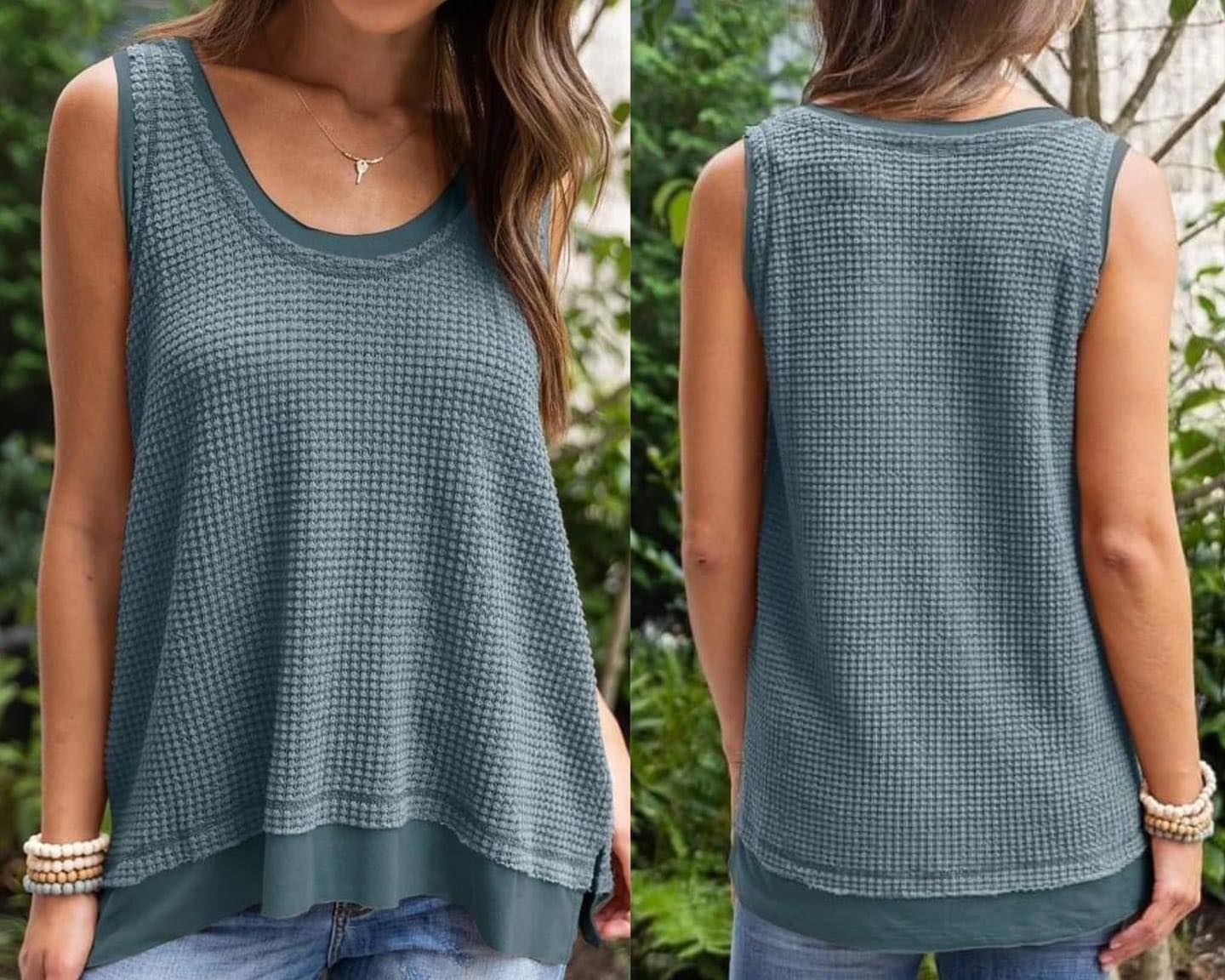 Teal Scoop Neck Waffle Knit Flowy Tank Presale