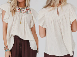 Apricot Striped Embroidery Blouse Presale