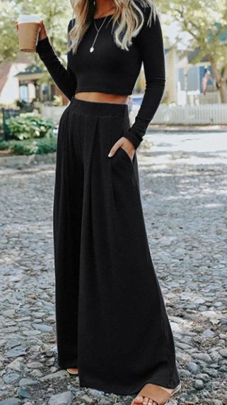 Black Solid Ribbed Two Piece Pants Set Presale