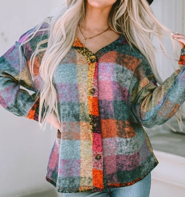 Multicolor Brushed Checked Western Buttoned Shacket Presale