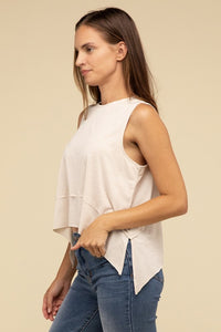 Shark Bite Side Slit Short Sleeveless Top