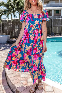 Square Neck Bubble Sleeve Ruffled Floral Dress Presale