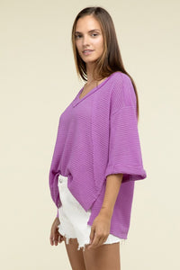 Brushed Waffle Exposed-Seam 3/4 Sleeve Top