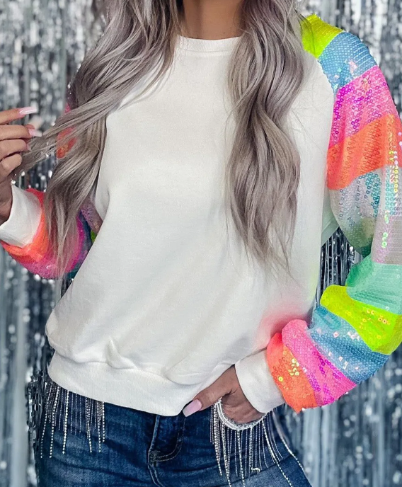 White Sequin Sleeve Pullover Presale