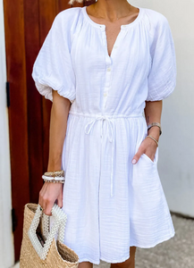 White Puff Sleeve Cotton Dress Presale