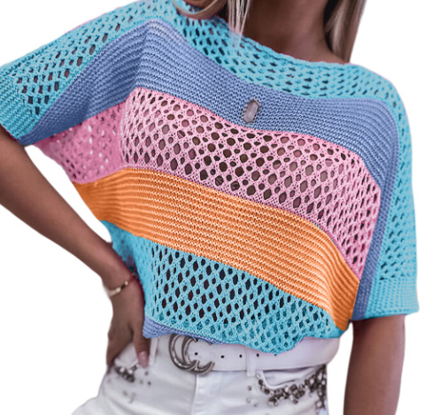 Blue Knitted Eyelet Colorblock Top Presale