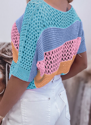 Blue Knitted Eyelet Colorblock Top Presale