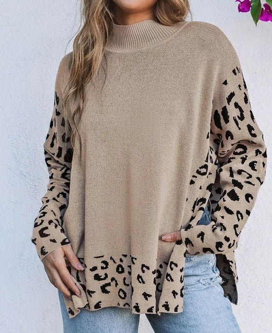 Khaki High Neck Leopard Sweater Presale