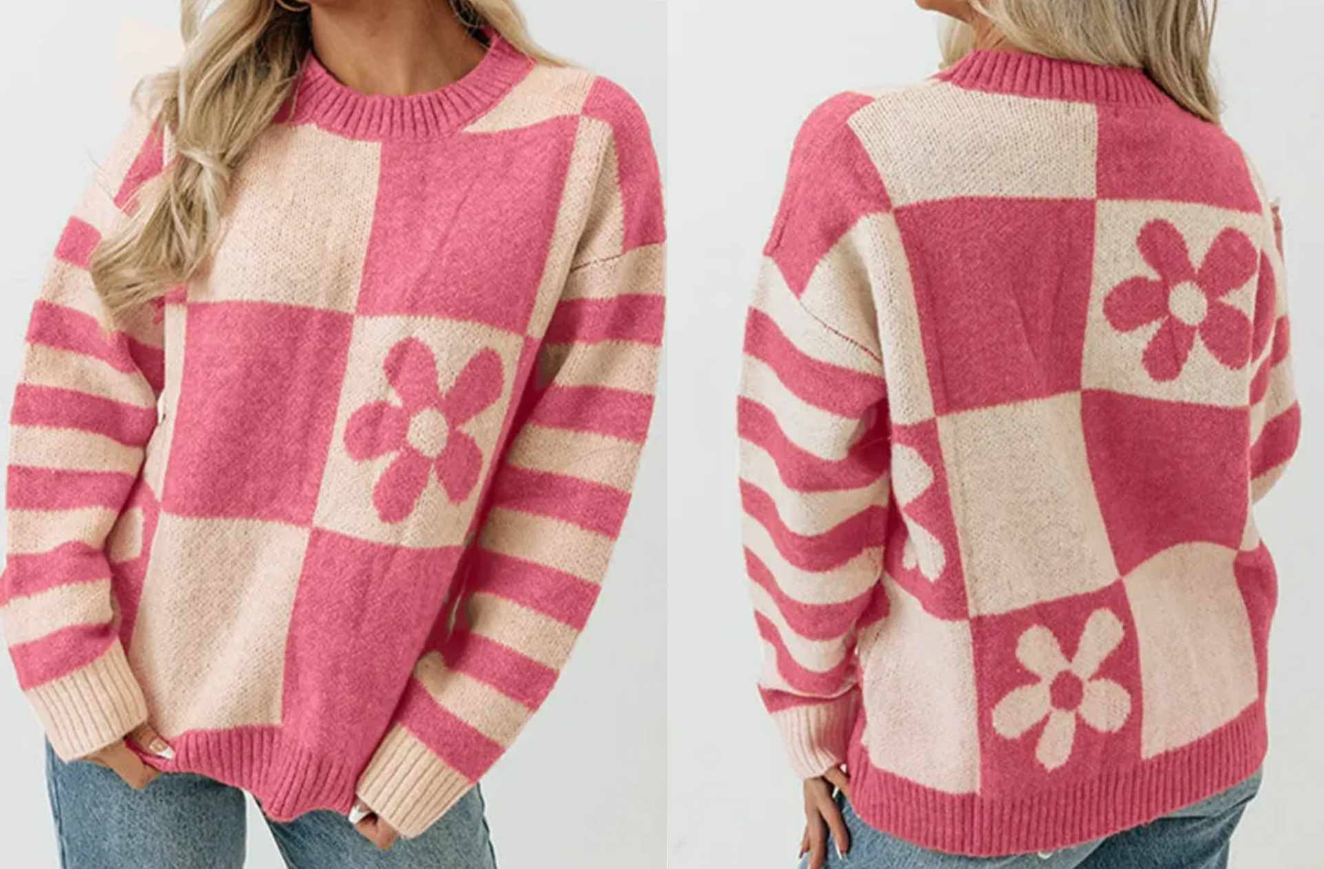 Pink Checkered Floral Sweater Presale