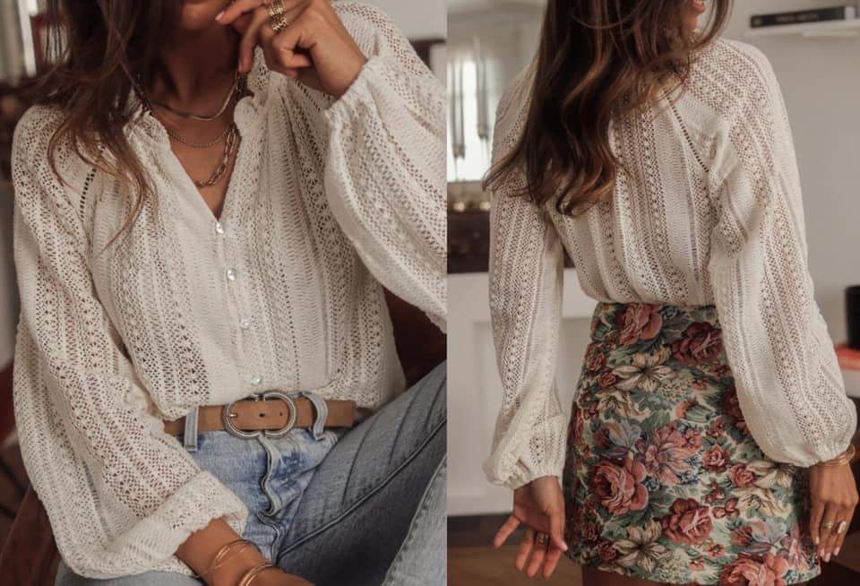 White Lace Hollow out Puff Sleeve Button up Shirt Presale