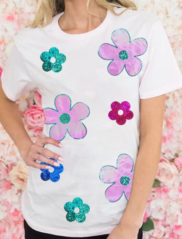 White Sequined Flower Pattern Round Neck T Shirt Presale