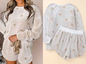 White Plush Star Print Two Piece Shorts Set Presale