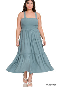 Smocked Tiered Midi Dress - Plus Size - Multi colors