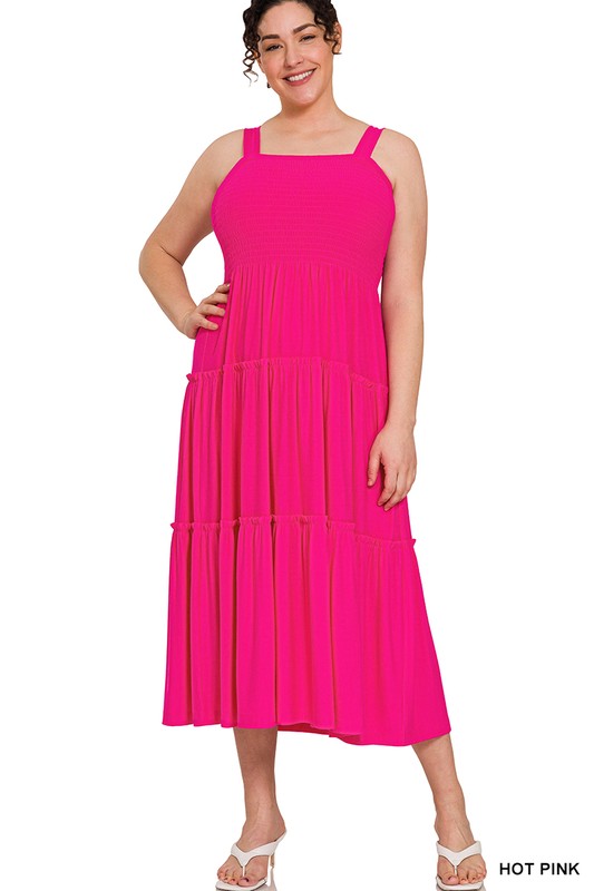 Smocked Tiered Midi Dress - Plus Size - Multi colors