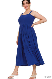 Smocked Tiered Midi Dress - Plus Size - Multi colors