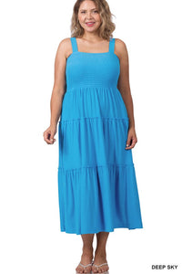 Smocked Tiered Midi Dress - Plus Size - Multi colors