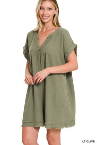 GAUZE ROLLED SHORT SLEEVE RAW EDGE V-NECK DRESS