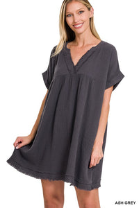 GAUZE ROLLED SHORT SLEEVE RAW EDGE V-NECK DRESS