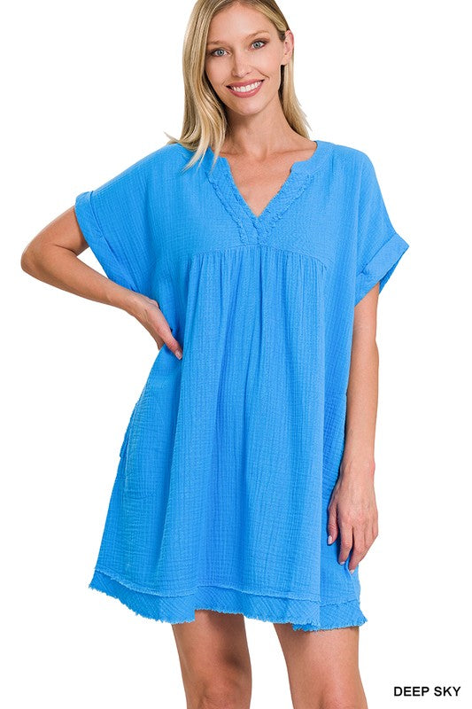 GAUZE ROLLED SHORT SLEEVE RAW EDGE V-NECK DRESS