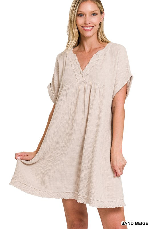 GAUZE ROLLED SHORT SLEEVE RAW EDGE V-NECK DRESS