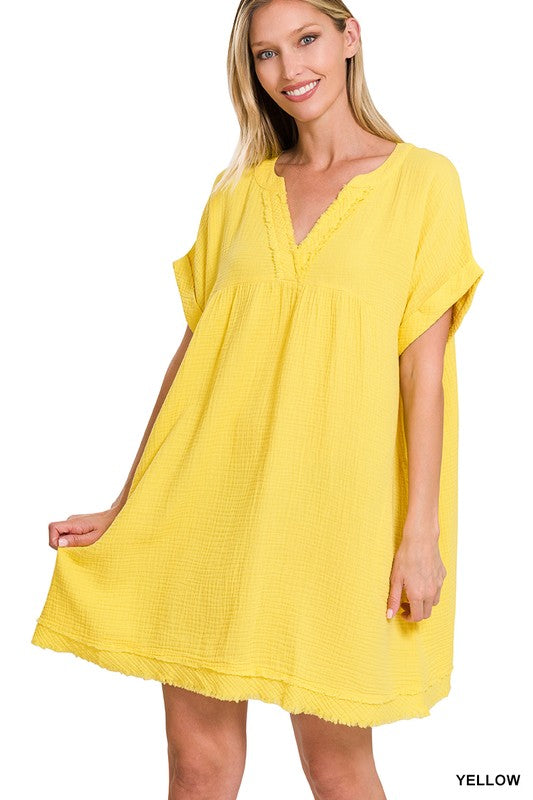 GAUZE ROLLED SHORT SLEEVE RAW EDGE V-NECK DRESS