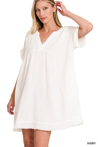 GAUZE ROLLED SHORT SLEEVE RAW EDGE V-NECK DRESS