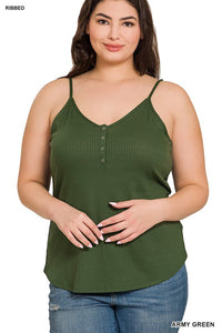 PLUS RIBBED HALF SNAP BUTTON CLOSURE CAMI TOP