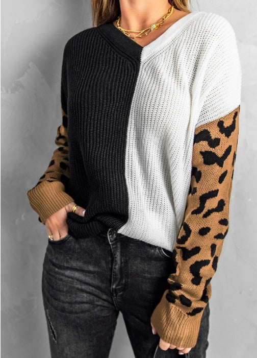 Leopard Contrast V Neck Sweater Presale