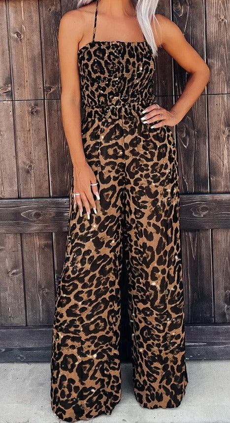 Leopard Halter Backless Wide Leg Jumpsuit Presale