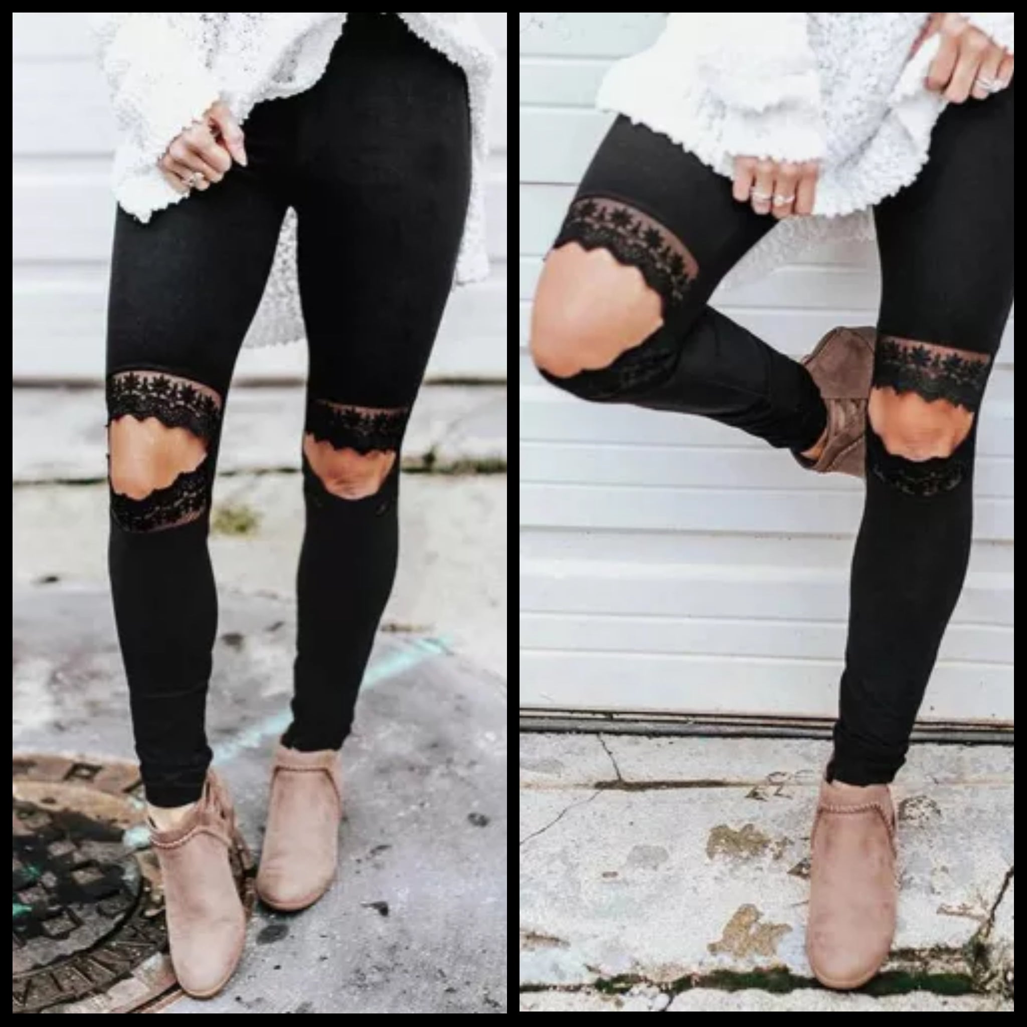 Leggings Black Lace Split Knee Ripped Yoga Fashion Comfortable
