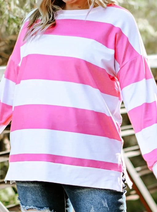 Pink Plus Size Stripe Tops Presale