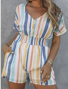 Striped V Neck Romper Presale