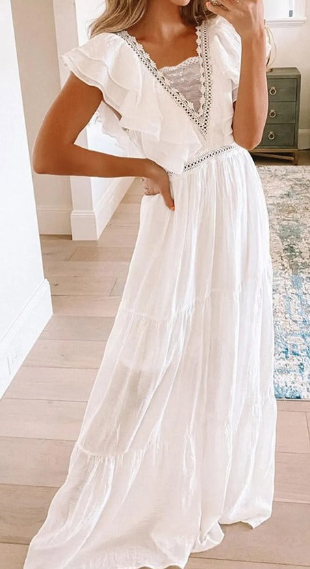 White Lace Contrast Maxi Dress Presale