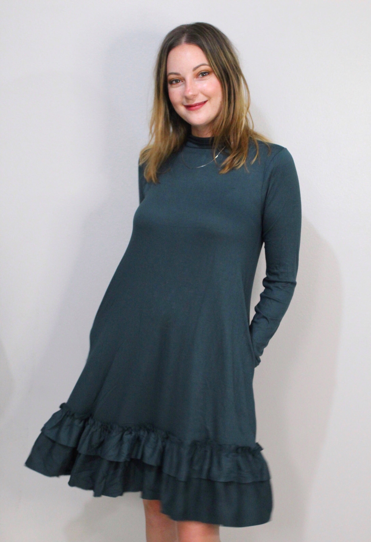 'Keepin' it Cozy' Short Ruffle Dress  - Navy + Hunter Green + Black